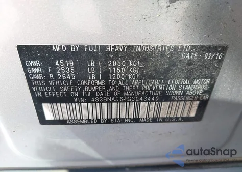 2016 Subaru Legacy 2.5I Premium from USA, damaged, VIN 4S3BNAF64G3043440